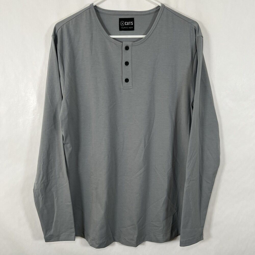 Cuts Clothing Curve Hem Long Sleeve Henley T Shirt Mens Large Gray PYCA Pro